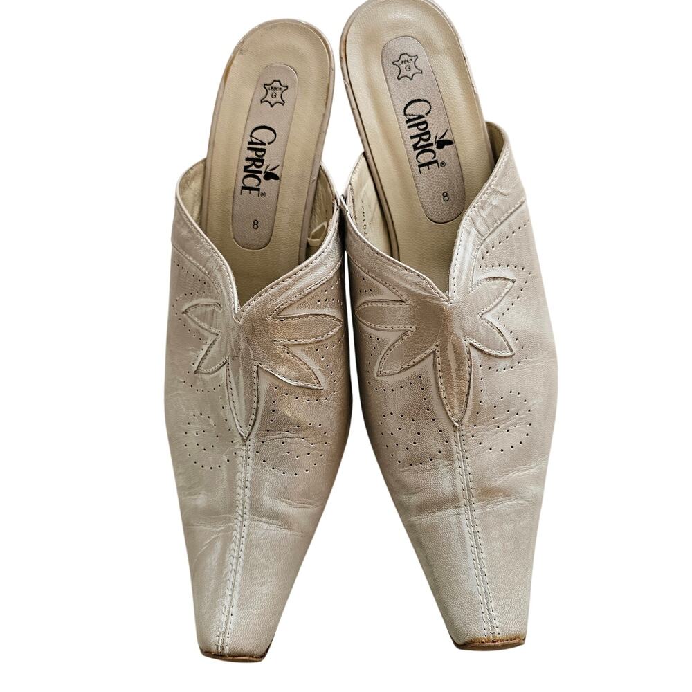 Vintage Caprice Women Square Toe Leather Slip On Mule‎ Heels Office Size 8 Cream